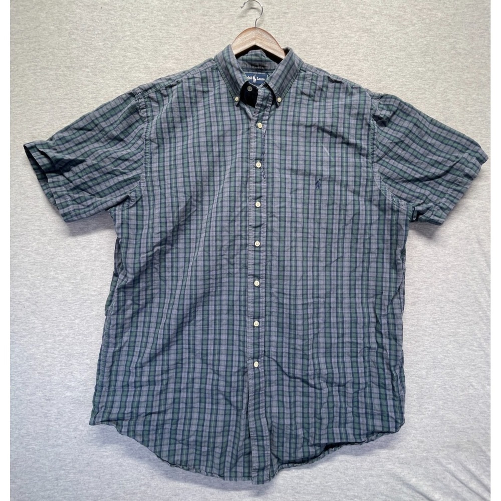 Ralph Lauren Shirt Men XLT Tall Gray Green Plaid Casual Short Sleeve Button Down